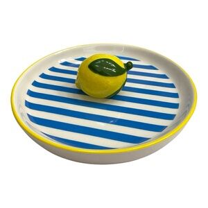 Italian Farmhouse Lemon Trinket Tray 7” Round Blue White Striped Ceramic Decor